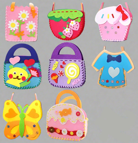 Collection of colorful children's handbags with various designs on a gray background.