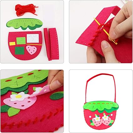Step-by-step process of creating a felt strawberry basket with decorative elements.