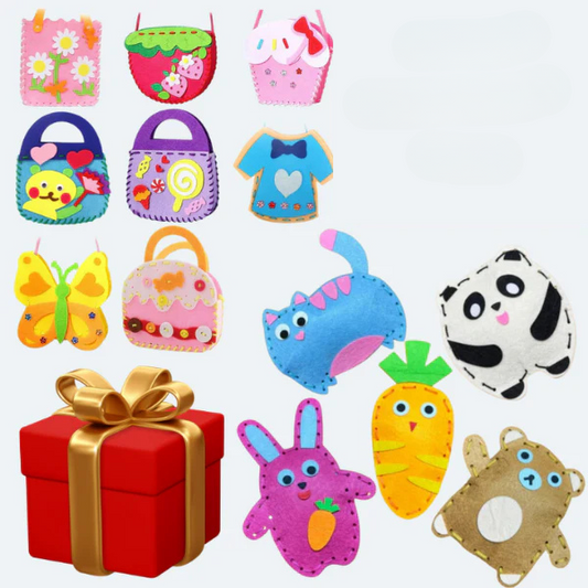 Collection of colorful children's toys including bags, a panda, and various animal-shaped items on a white background.
