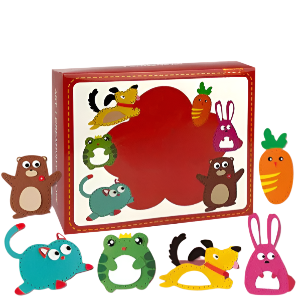Set of colorful animal-shaped toys with a white board on a pink background
