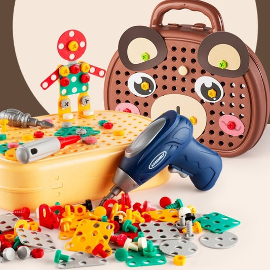 Toy tool set with colorful components and a blue drill, resembling a dog-shaped toolbox.