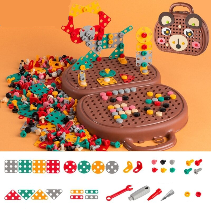 Colorful building block set with accessories on an orange background