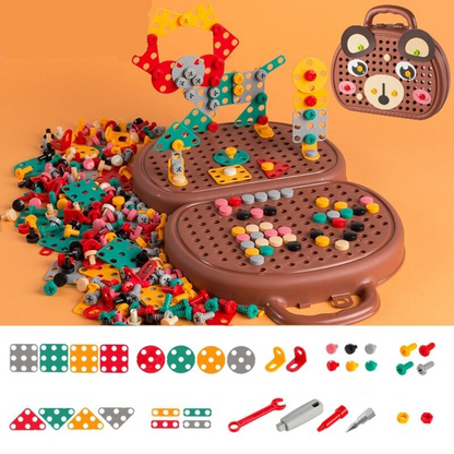 Colorful building block set with accessories on an orange background