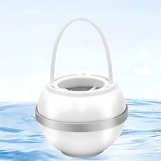 White and silver bath filter with a handle on a water background