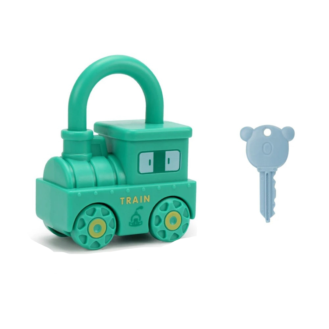Green toy train on a white background
