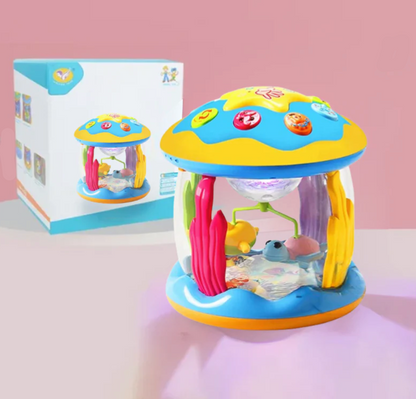 Colorful toy with musical notes on a pink background