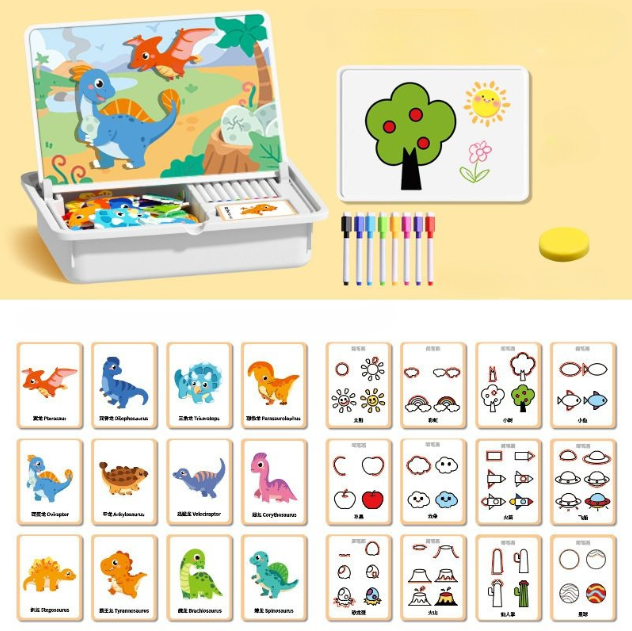 Children's art set with coloring book, markers, and flashcards on a yellow background