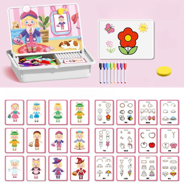Children's art set with coloring book, markers, and flashcards on a pink background