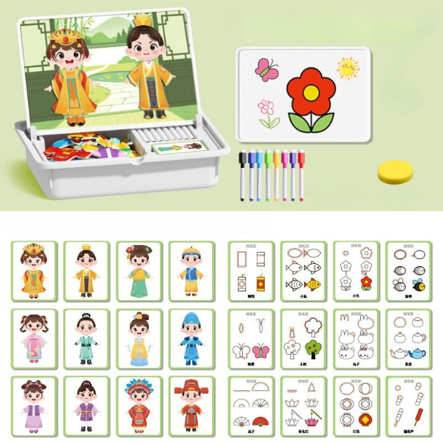 Educational toy set with characters, cards, markers, and a flower drawing on a light green background.