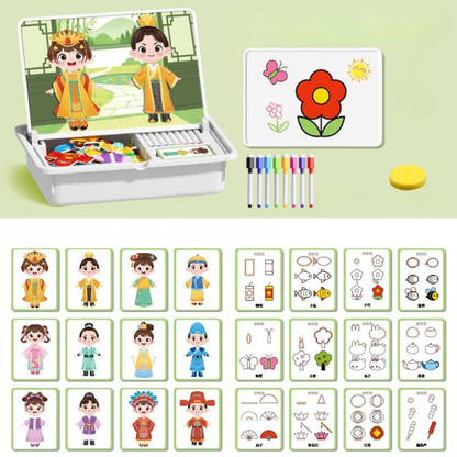 Educational toy set with characters, cards, markers, and a flower drawing on a light green background.