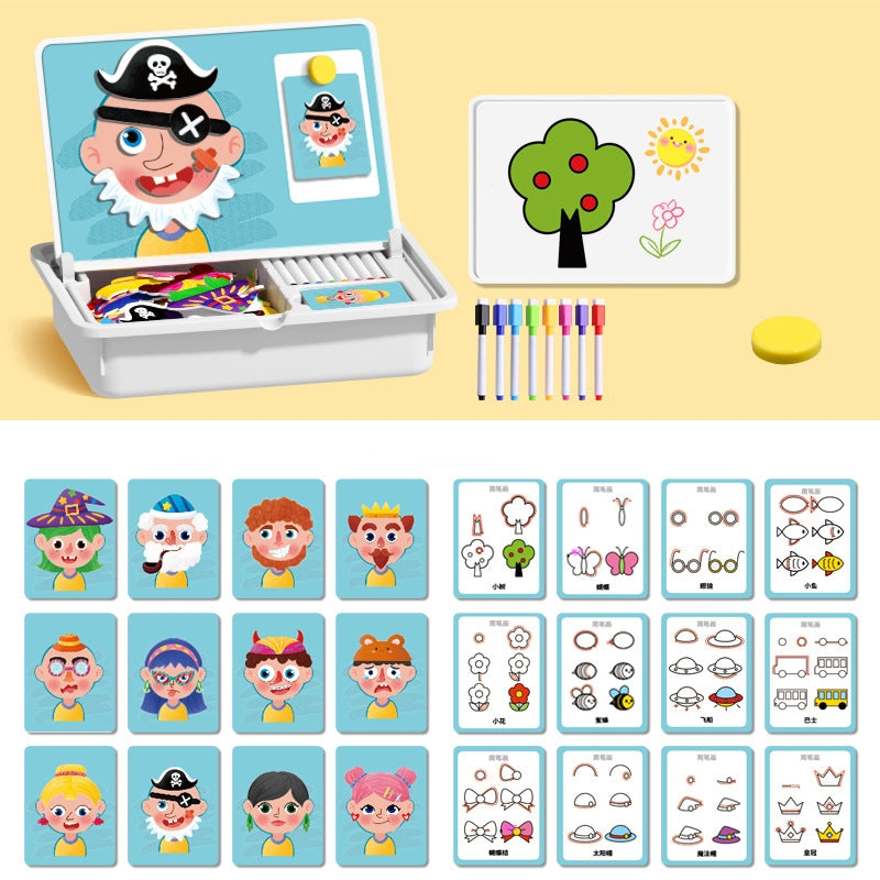 Educational toy set with cards, markers, and a pirate-themed board on a yellow background