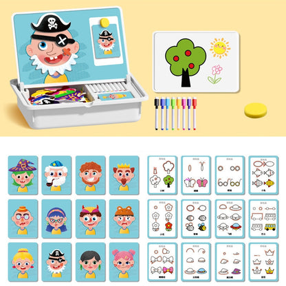 Educational toy set with cards, markers, and a pirate-themed board on a yellow background