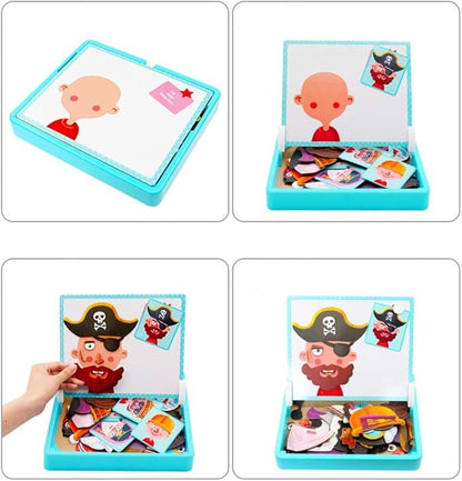 Step-by-step process of using a magnetic dress-up toy with various character pieces.
