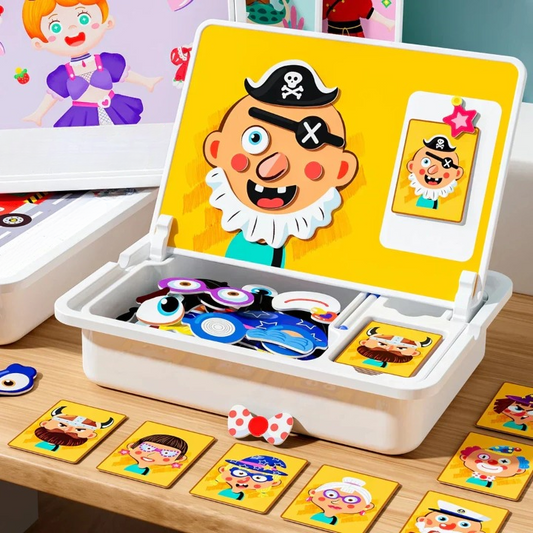 Children's educational toy with pirate-themed cards on a wooden surface