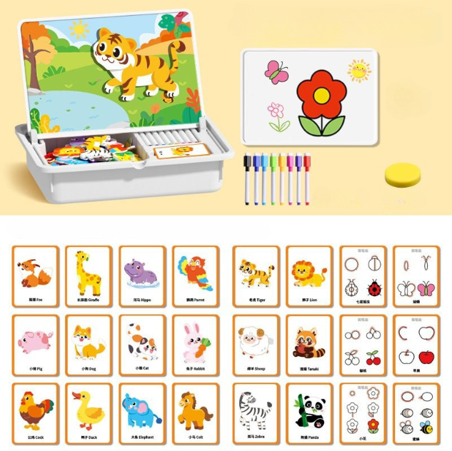 Children's educational toy set with magnetic board, markers, and flashcards on a yellow background.