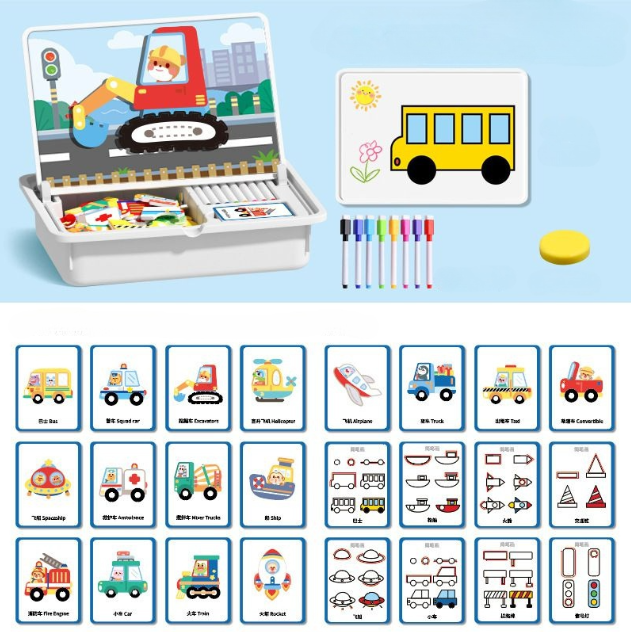 Children's educational toy set with cards, markers, and a toy truck on a blue background