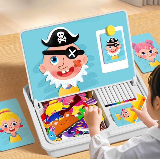 Children's toy with pirate-themed cards and coloring book on a wooden table