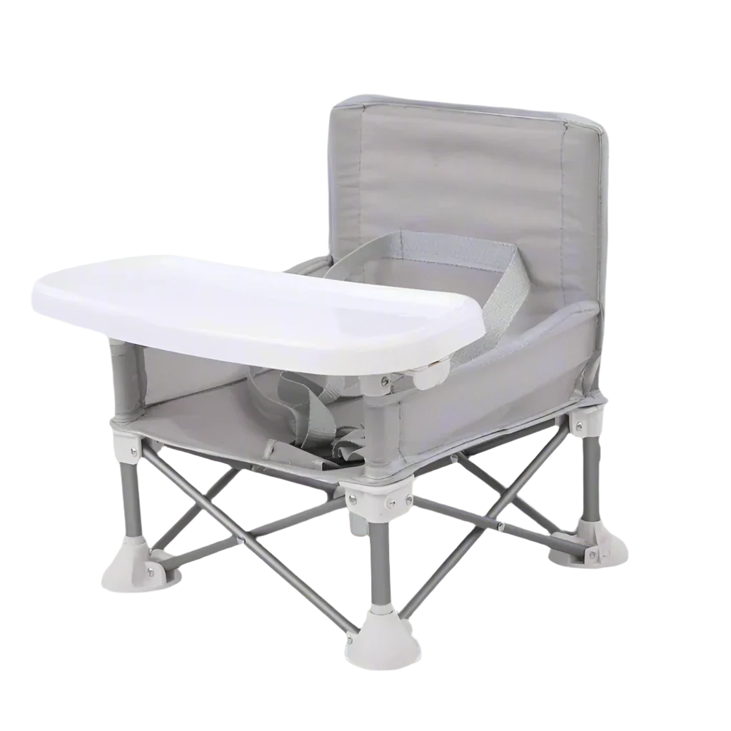 Grey MiniMajesty toddler camping chair set up outdoors, showing soft fabric and sturdy frame.