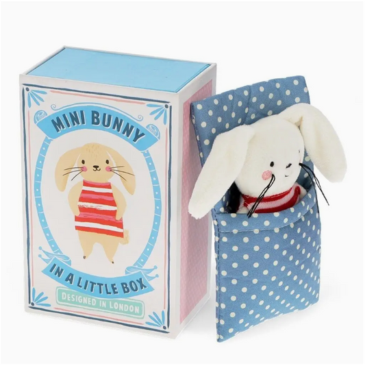 Mini bunny plush toy in a polka dot box with packaging labeled 'Mini Bunny in a Little Box'.