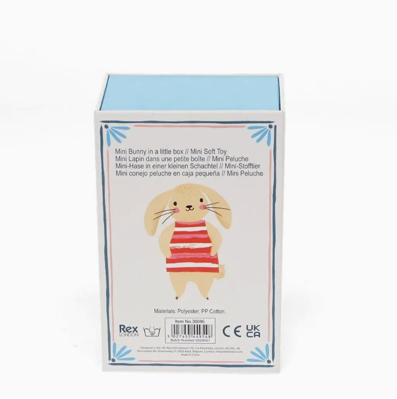 Box packaging of a mini bunny plush toy with a cartoon illustration on a white background.
