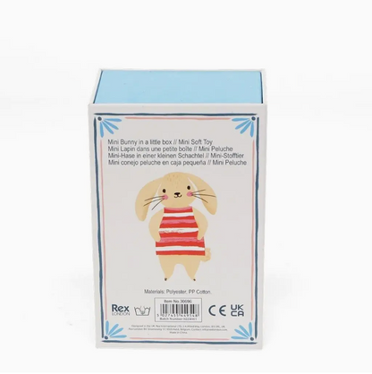 Box packaging of a mini bunny plush toy with a cartoon illustration on a white background.