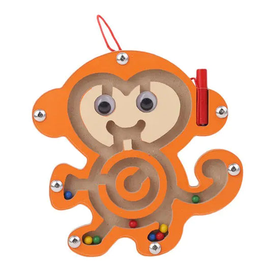 Monkey-shaped maze with colorful beads on a white background