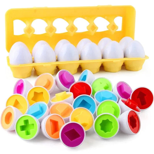 Colorful egg-shaped puzzle toys with a yellow egg carton on a white background