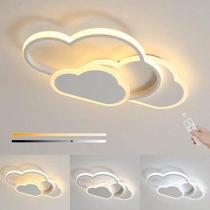 Ceiling light fixture shaped like a cloud with remote control on a neutral background