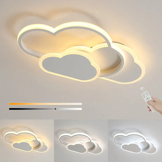 Ceiling light fixture shaped like a cloud with remote control on a neutral background