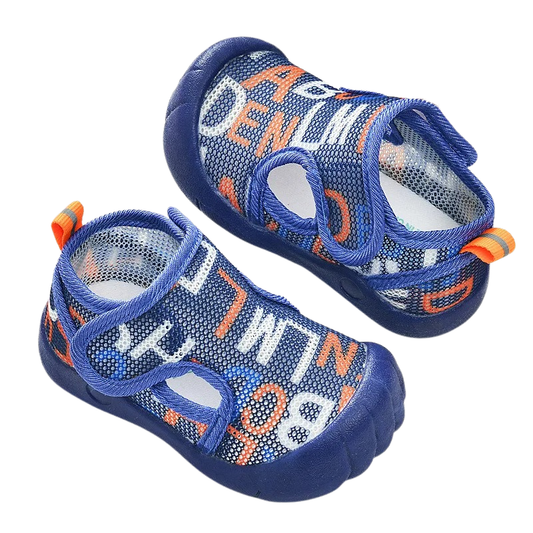navy mesh baby shoes on a white background