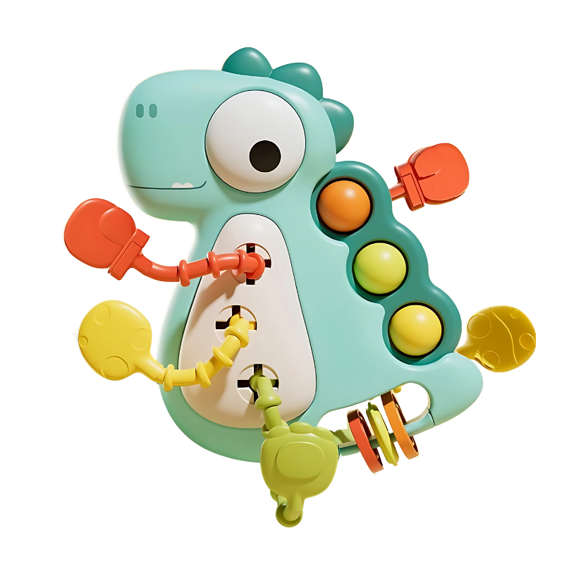RexGrump Dinosaur Sensory Toy - Teething-Friendly & Motor Skill Builder for Ages 0–4, with various interactive elements on a white background