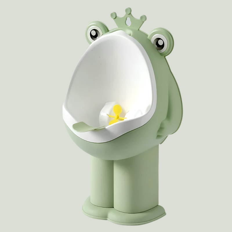 Green frog-shaped toddler potty urinal with crown top, suction base, and detachable bowl