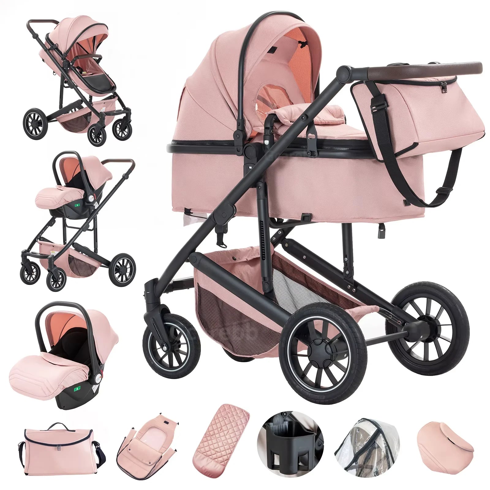 Collage of a pink baby stroller with various accessories on a white background