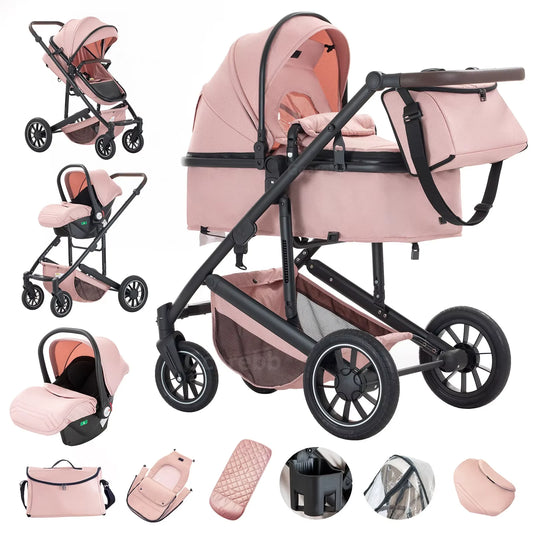 Collage of a pink baby stroller with various accessories on a white background