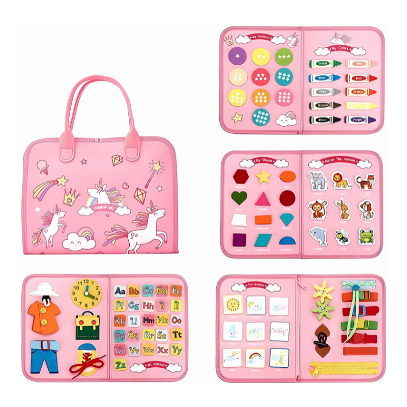 Pink educational toy set with various compartments on a white background
