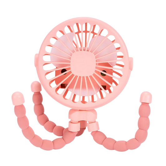 Pink portable fan with flexible arm on a white background