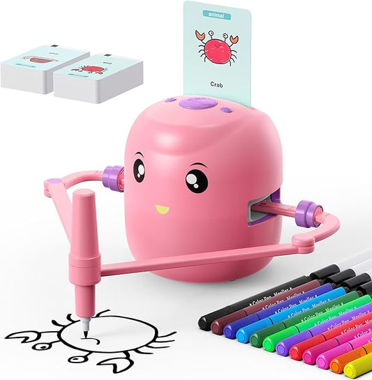Pink Drawing robot toy with colored marker pens and cards on a white background