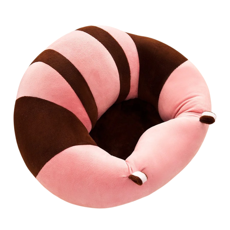 Pink and brown striped baby floor plush seat shaped like a caterpillar on a Grey background white background
