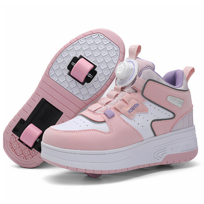 Pink and white sneakers with wheels on a white background