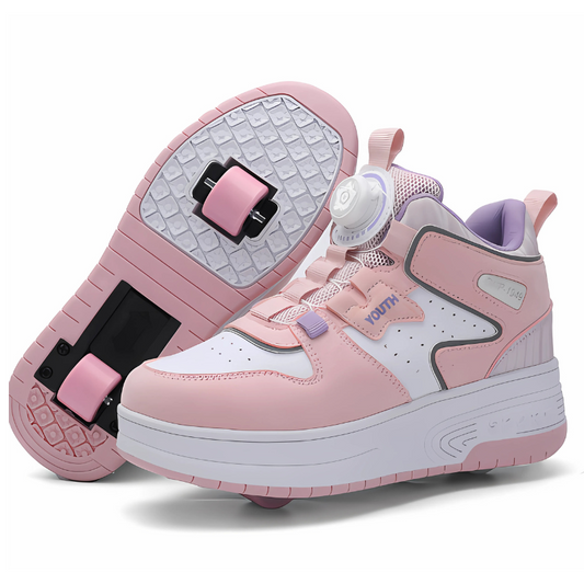 Pink and white sneakers with wheels on a white background