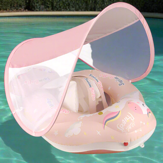 SwimMate in pink displayed poolside, highlighting its sunshade and soft, supportive design.