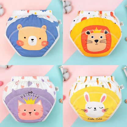 Four children's cartoon-themed pottyready pants on a colorful background