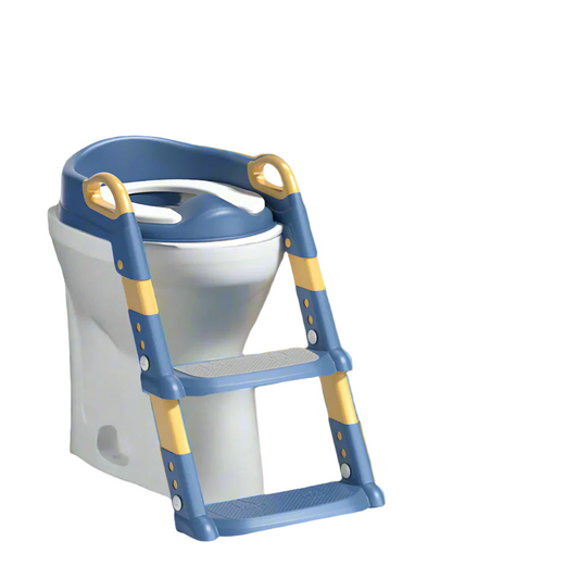 Blue  PottyStepper positioned on a standard toilet, showcasing its sturdy step and seat design.
