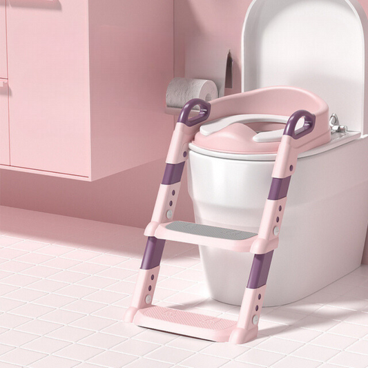 Pink PottyStepper attached to toilet to showcase use case scenario.