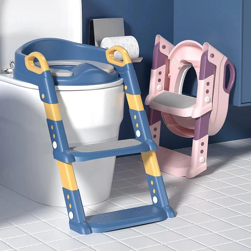 Pink and blue PottyStepper units side by side to showcase available color options, use and compact storage.