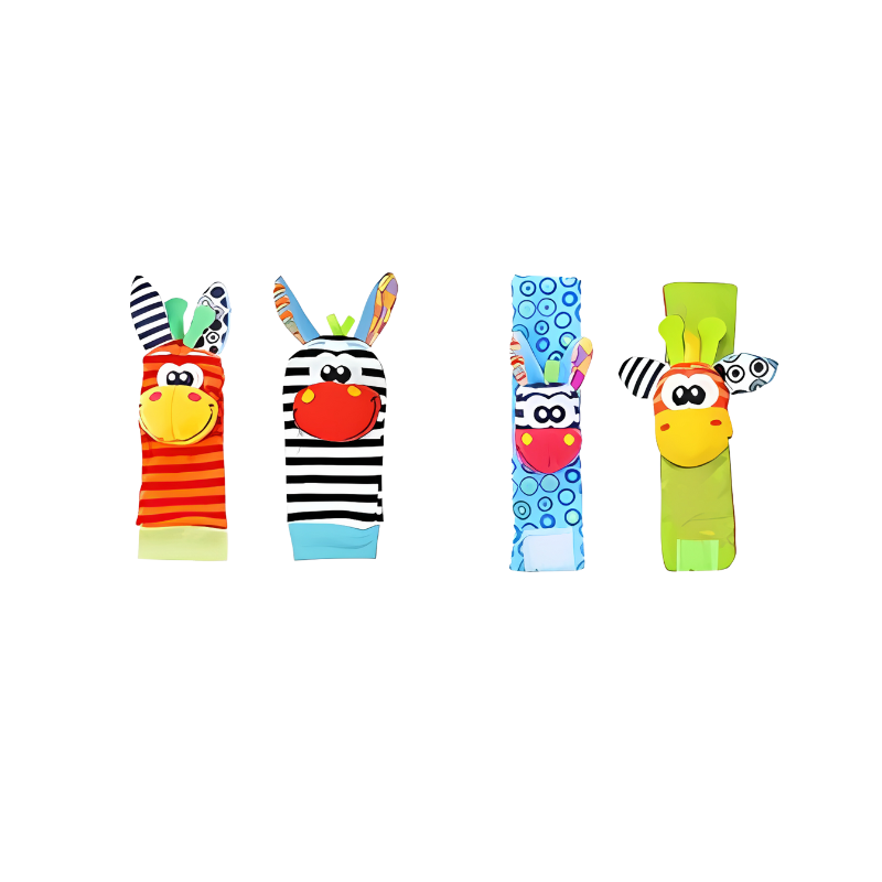 Four colorful baby teething toys displayed on a white background