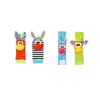 Four colorful baby teething toys displayed on a white background