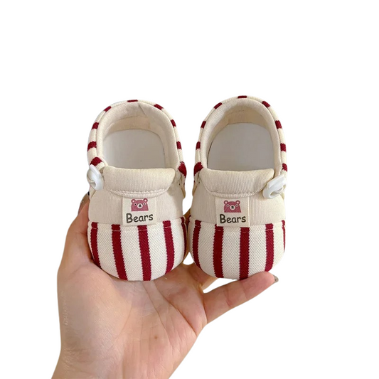 red and white stripped baby shoes