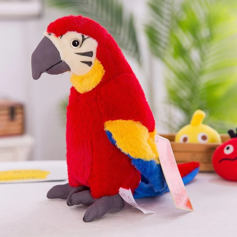 Colorful Red ChitChatBird parrot plush toy on a white surface with a blurred background
