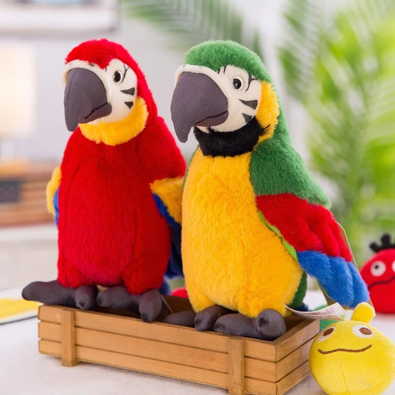Two colorful parrot plush toys on a wooden stand with a blurred background.